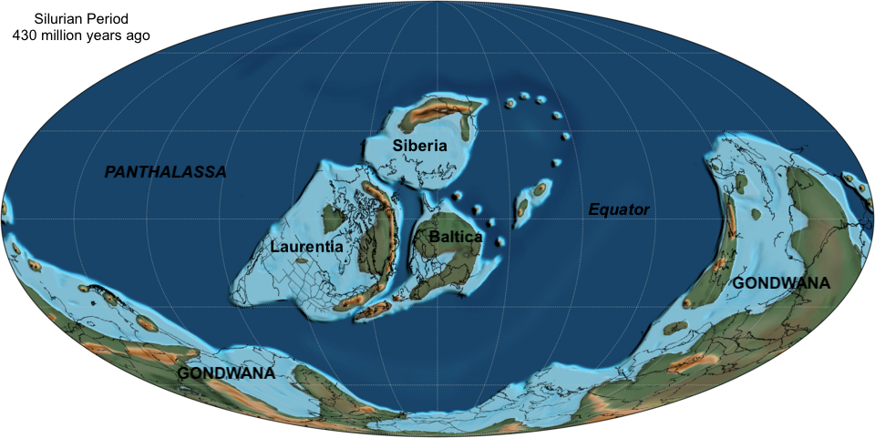 The positions of the Earth's continents during the Silurian Period, 430 million years ago, after the Taconic Orogeny
