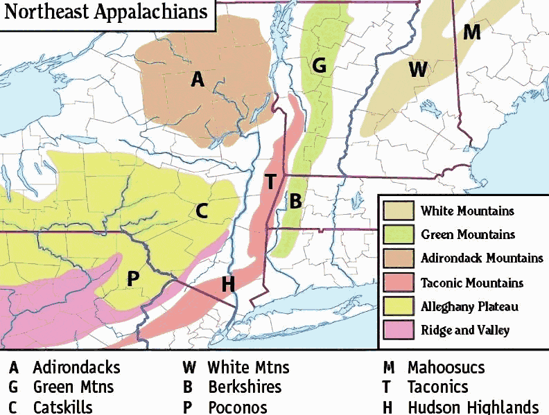 A map of the mountain ranges forming the northeastern Appalachians