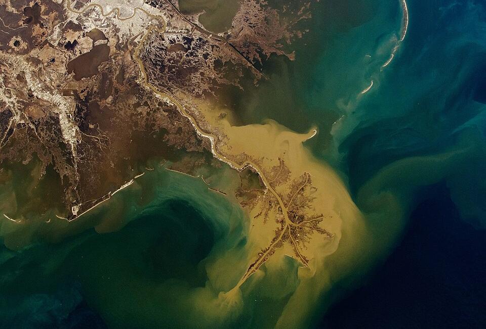 View of the Mississippi River Delta taken from the International Space Station, showing it distinctive bird’s foot shape