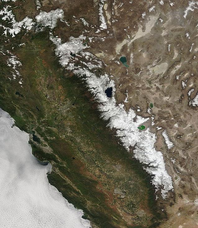 Satellite image of the snow on the Sierra Nevada