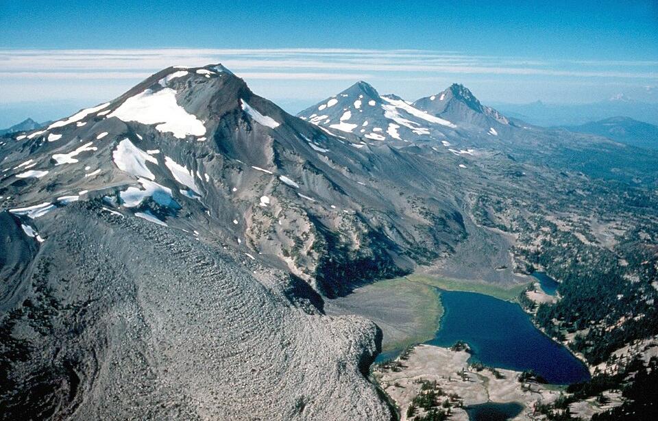 Aerial view of the Three Sisters volcanoes in the Cascade Range in Oregon