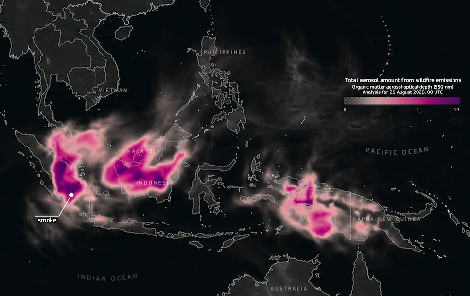 Map showing the spread of wildfire smoke across Southeast Asia