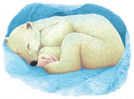Polar bear with her two newborn cubs