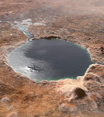 Jezero Crater as it may have looked billions of years ago, when a lake