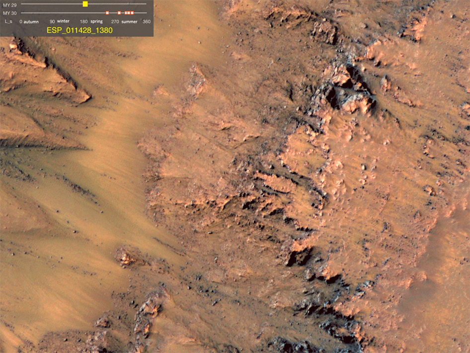 Streaks seen in summer months on Mars