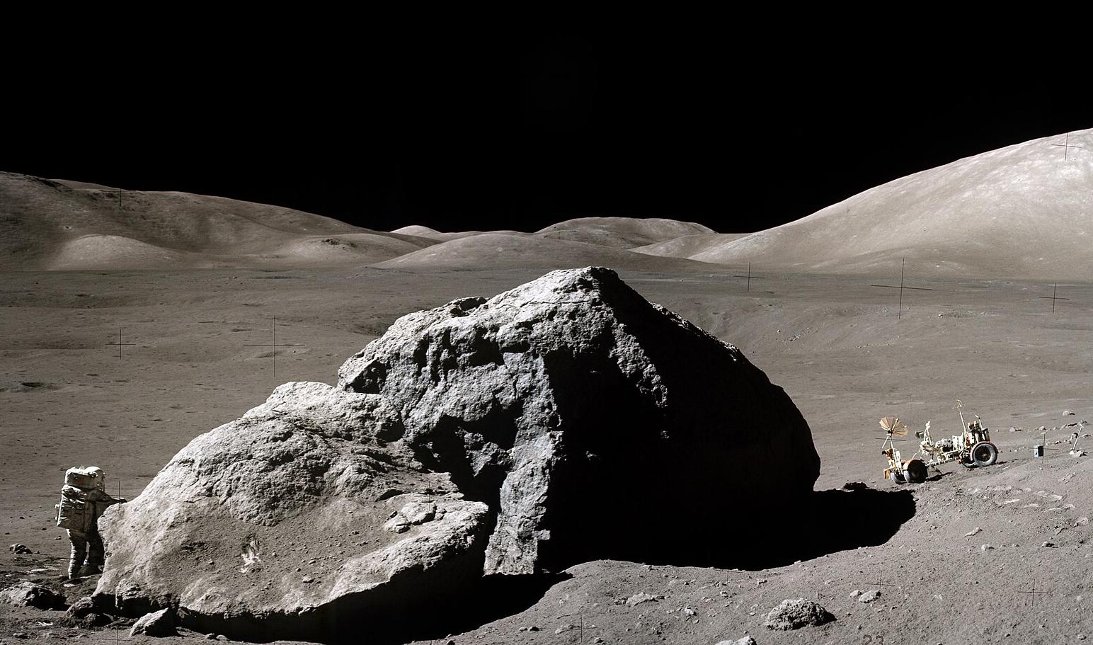 View of a boulder in the Taurus–Littrow valley during the Apollo 17 mission in 1972