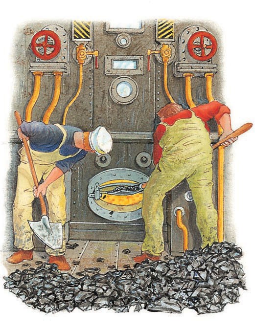 Shovelling coal into a firebox