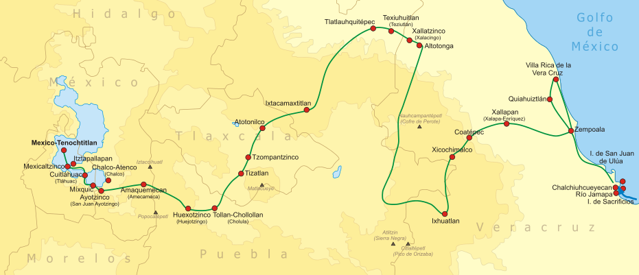 A map of the route taken by Cortés to Tenochtitlán