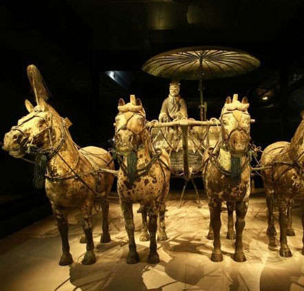 An umbrella attached to a horse-drawn carriage