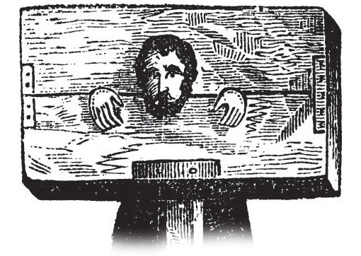 An engraving of a man in a pillory