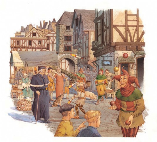 A juggler entertains townspeople.