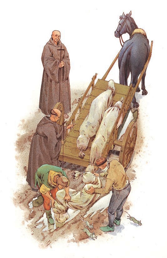 Plague victims are carted away.