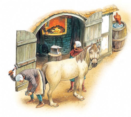 A blacksmith fits a new horseshoe.