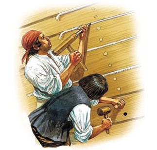 Trenail mooters and caulkers at work