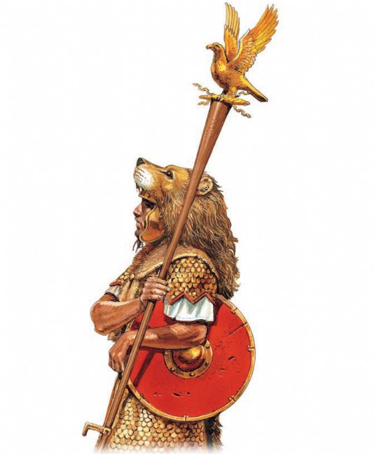 An aquilifer holds his eagle standard