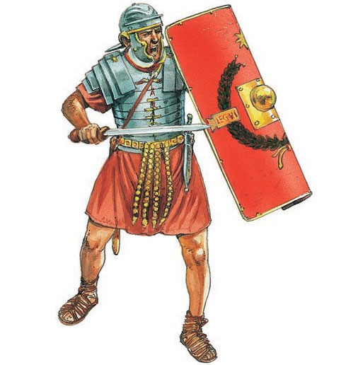 A legionary wields his sword, or gladius
