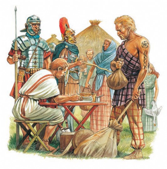 A British chieftain pays taxes to the Romans.