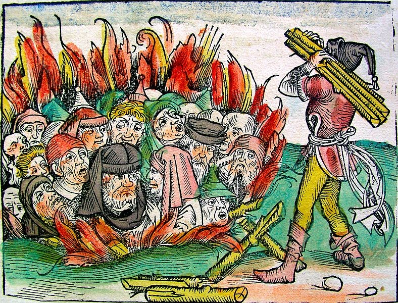 A woodcut showing Jews being burned alive in 1492