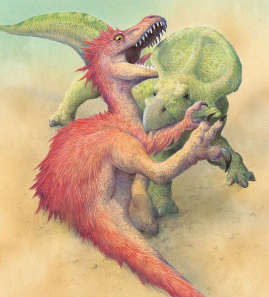 Velociraptor and Protoceratops locked in combat