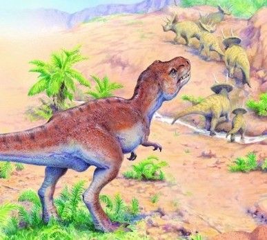 T. rex stalks a herd of Triceratops.