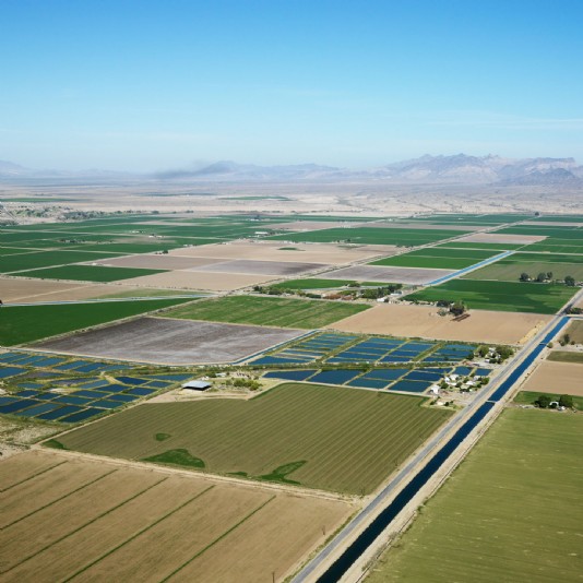 Irrigated fields and an aqueduct in Arizona, USA