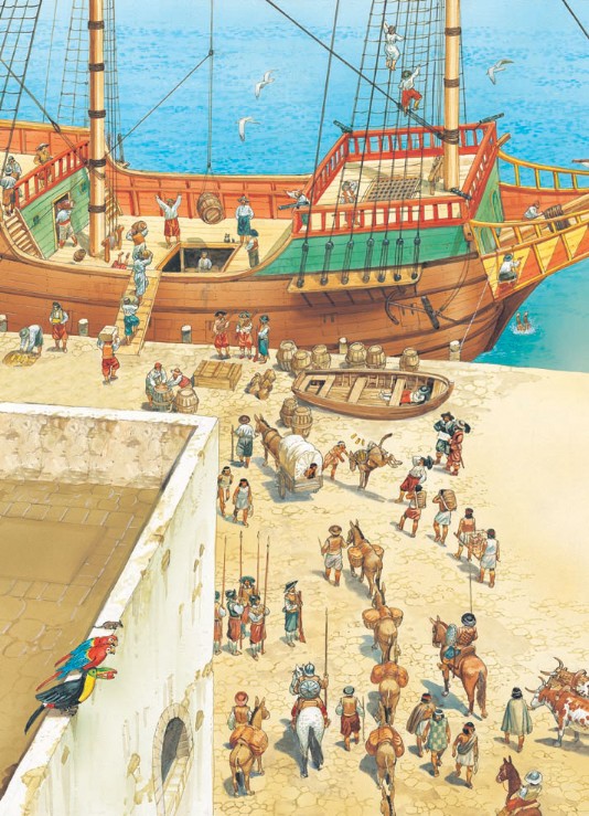 A galleon of the Spanish fleet is loaded with cargo.