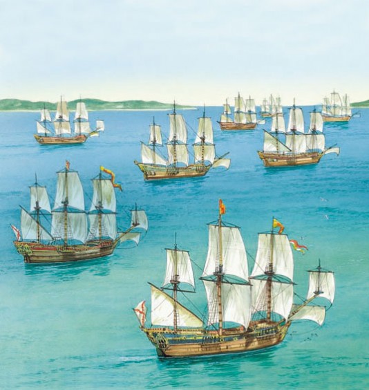 The fleet sails through Caribbean waters