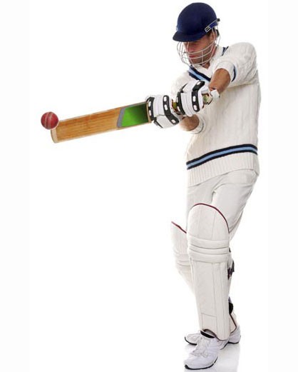 A batter, wearing pads, helmet and padded gloves