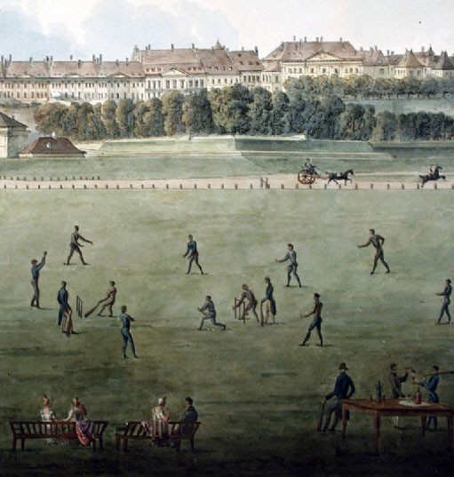 An 1817 illustration of cricket being played