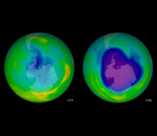 Ozone layer at the South Pole in 1979 (left) and 2008