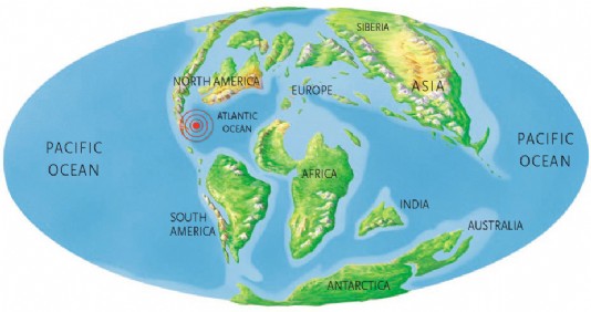 The site of the asteroid collision (red spot)