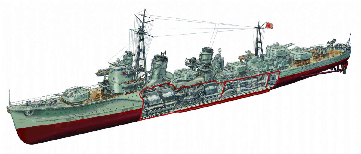 A WWII destroyer, powered by steam turbines