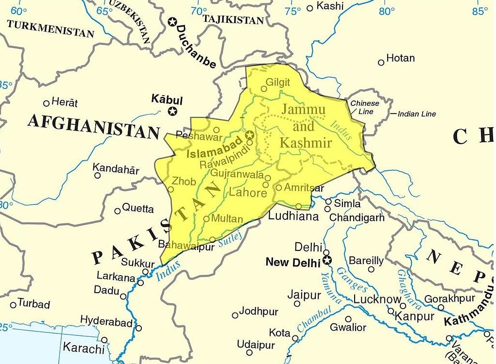 The Sikh Empire at its peak in around 1839 (the area is shown on a modern map of the region)