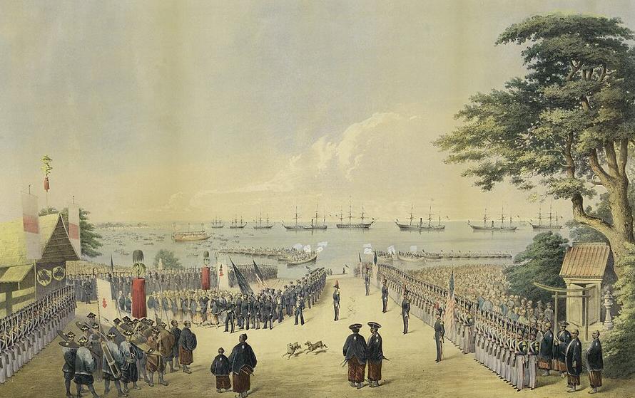 US Commodore Matthew Perry arrives in Japan on 13th February 1854 with ten ships and 1600 men.