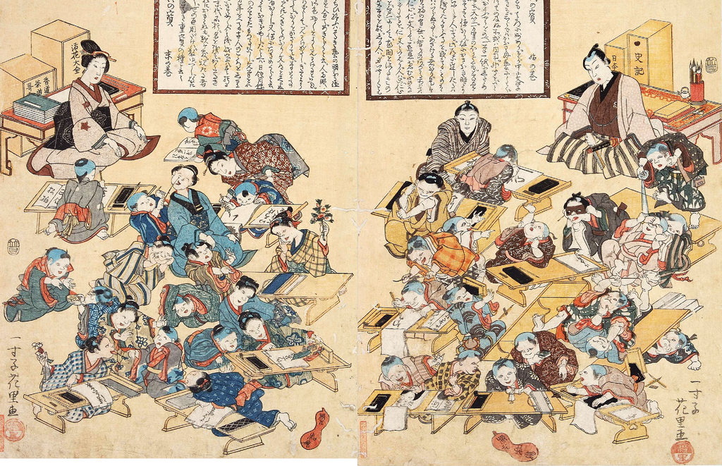 Terakoya school in the Edo period, where reading and writing is taught to the children of Japanese commoners