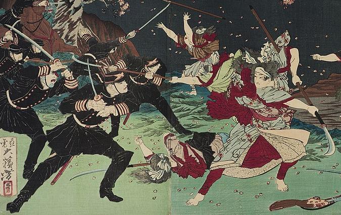 Samurai (right) fighting the Japanese Imperial Army during the Satsuma Rebellion of 1877