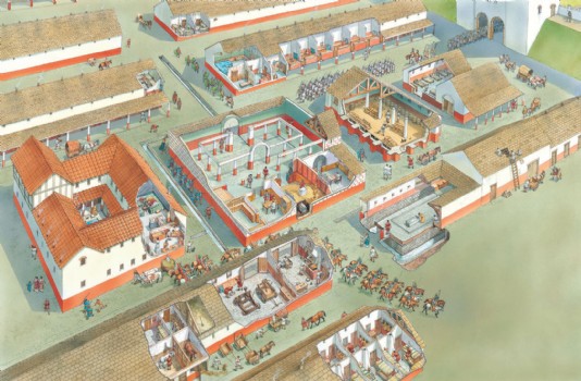 Cutaway illustration of a busy fort