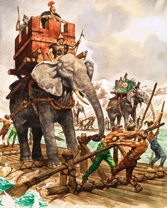 Hannibal and his elephants crossing a river by raft