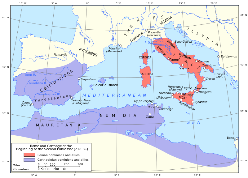 Map of Rome and Carthage before the Second Punic War