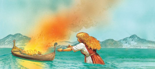 Hyrrokin pushes Baldr's funeral boat out to sea.