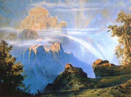 A 19th-century painting of the great hall Valhalla