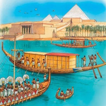 Funeral boats approach the pyramid.