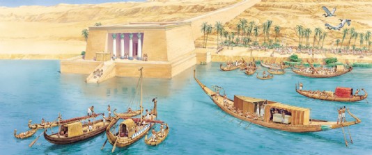 The funeral barge arrives at the valley temple.