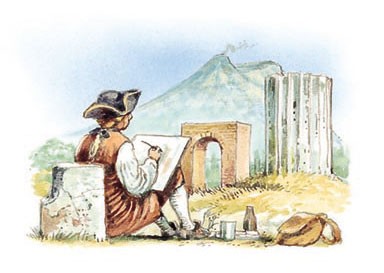 An artist draws the ruins.