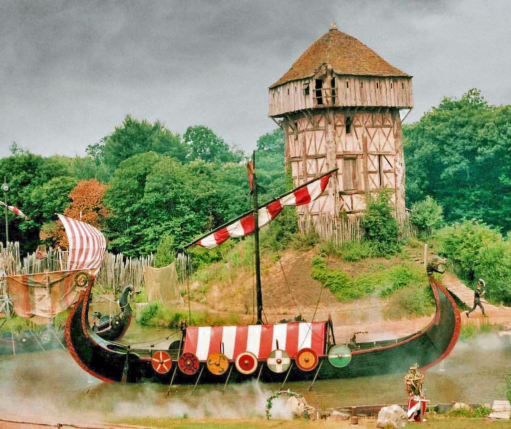 A Viking longship sails upstream in western France