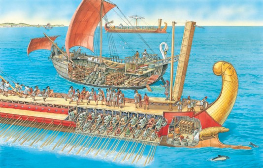 Cutaway illustration of a quinquereme warship