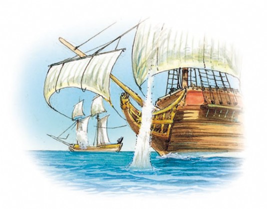 The pirates fire a shot across the galleon's bow.