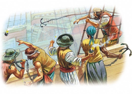 Grappling hooks and grenades are thrown.