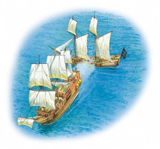 The pirates rake the galleon with cannon fire.