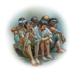 The defeated crew are tied up.